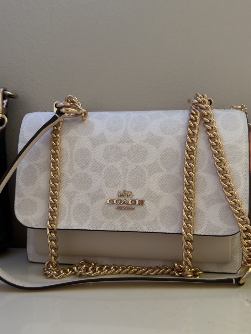 Coach Signature Canvas Shoulder Bag in Light Beige and White with Gold Chain - Picture 4 of 4